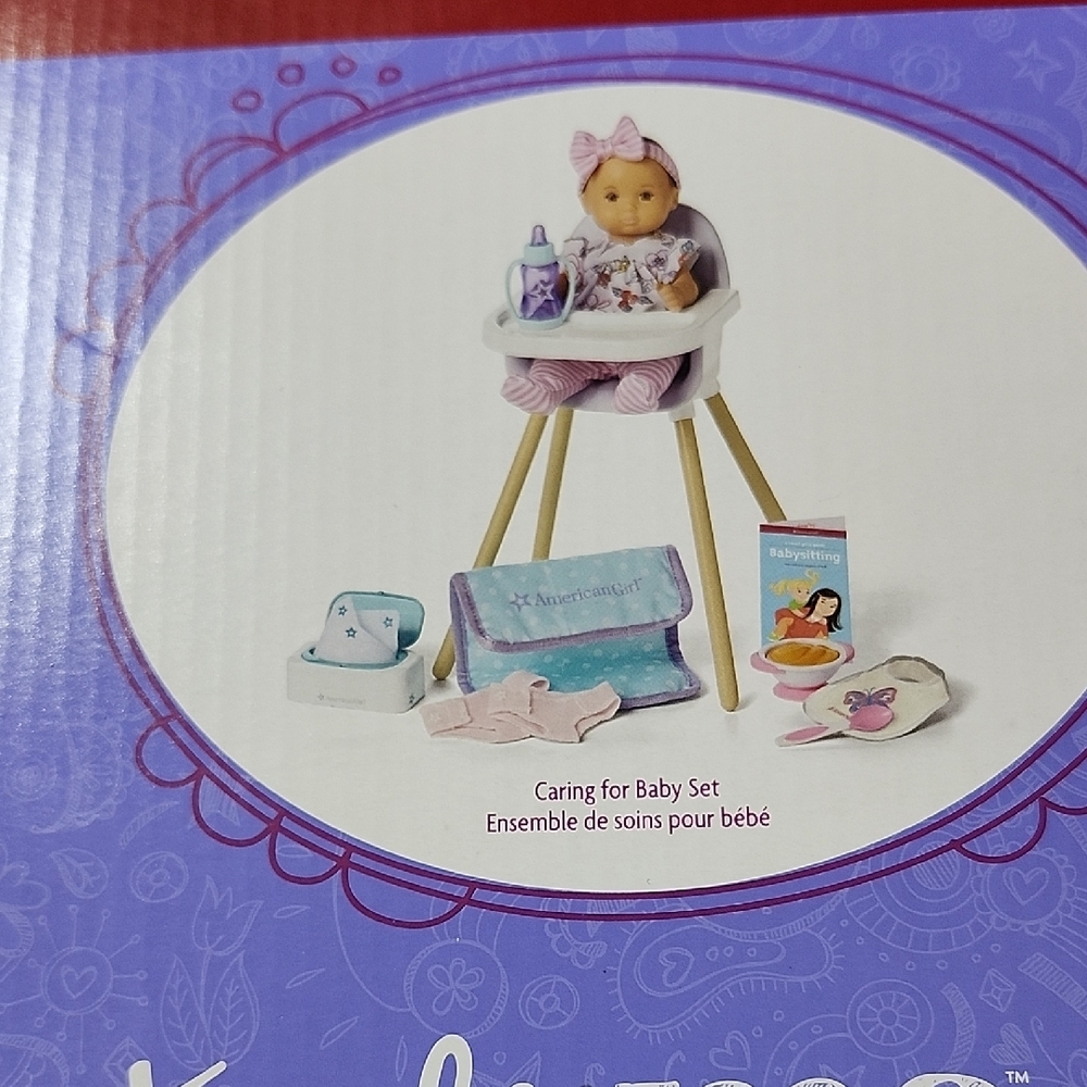 American Girl Caring for Little Bitty Baby set highchair wipes bib diapers food